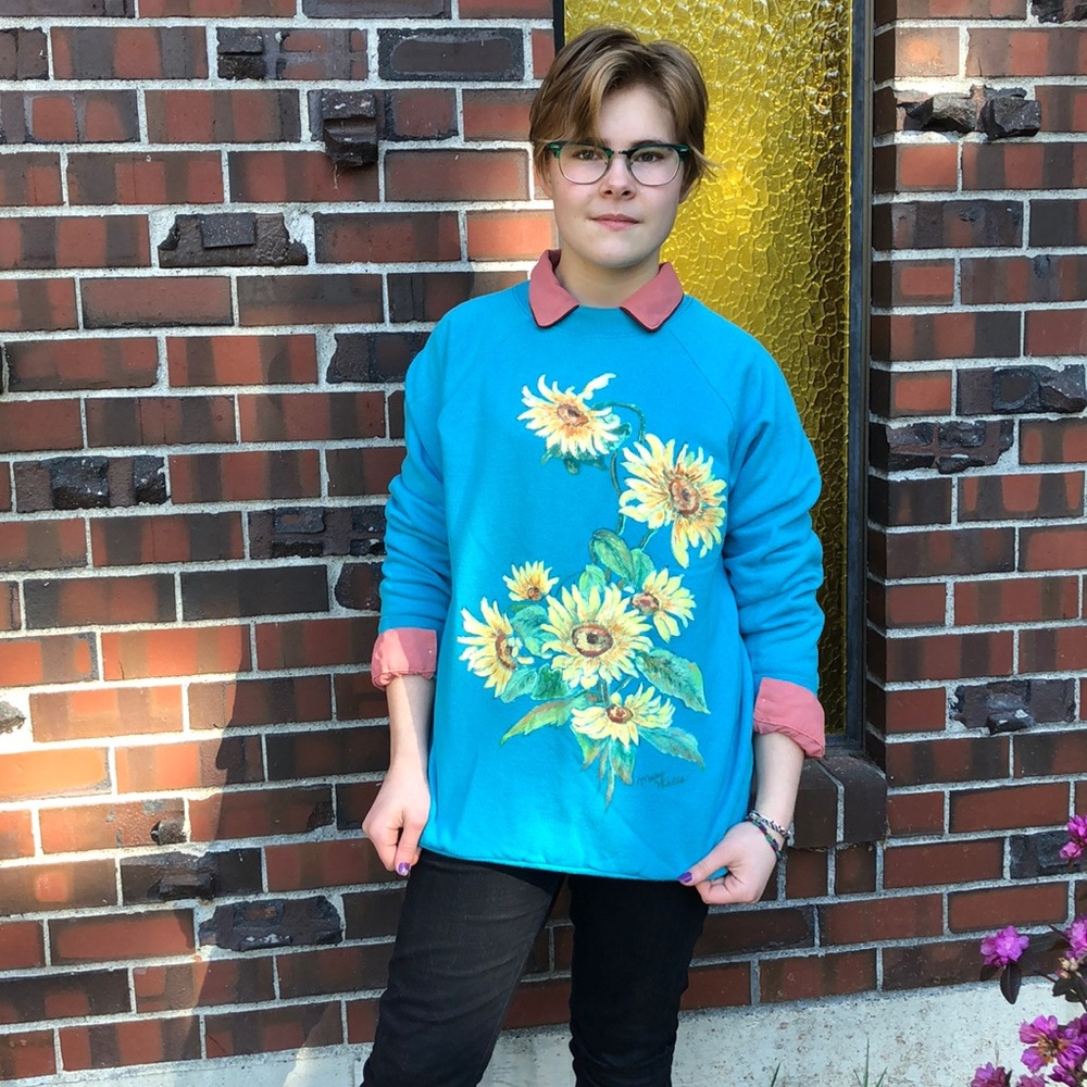 Vintage blue sweater with hand painted sunflowers